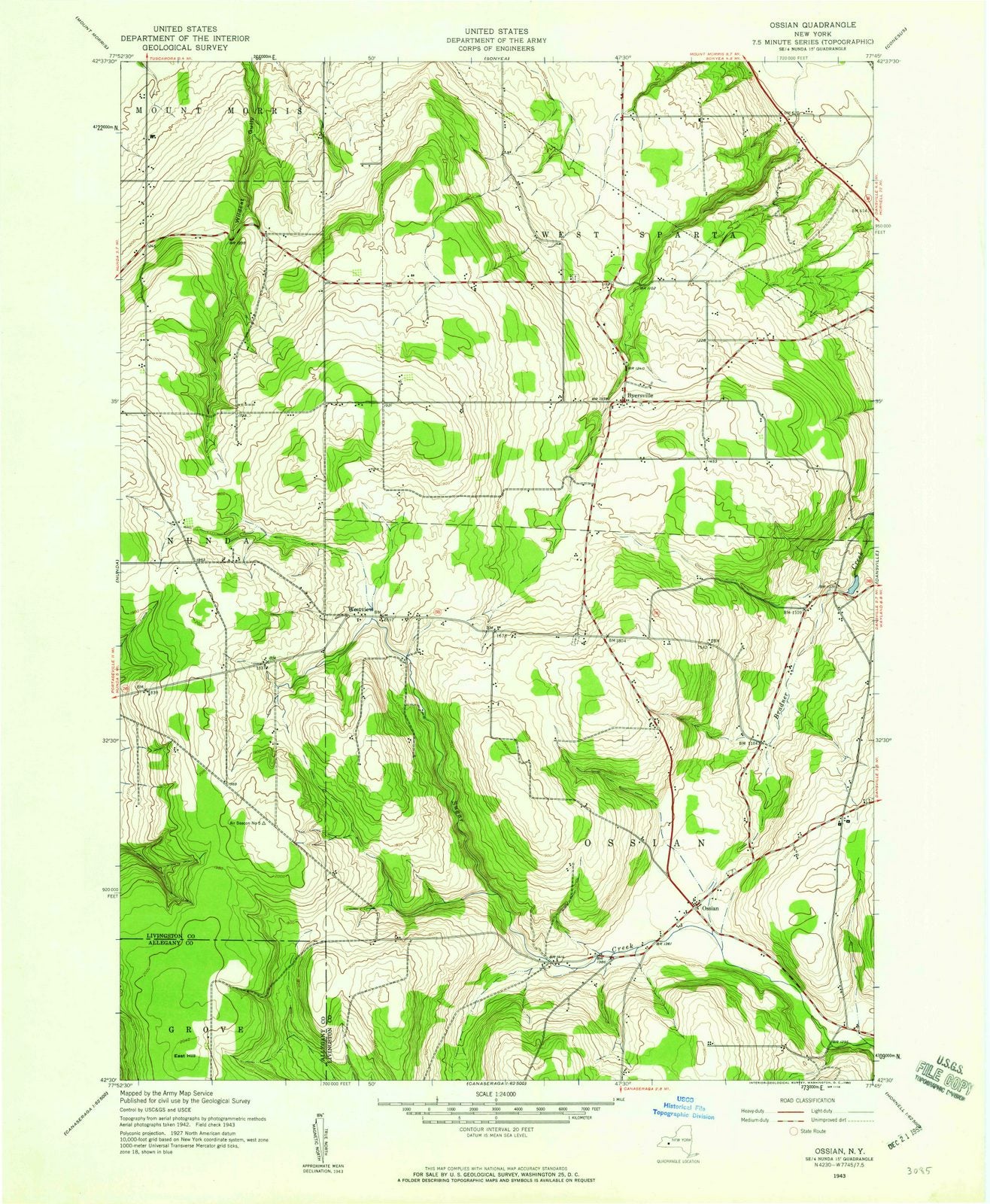 1943 Ossian, NY - New York - USGS Topographic Map