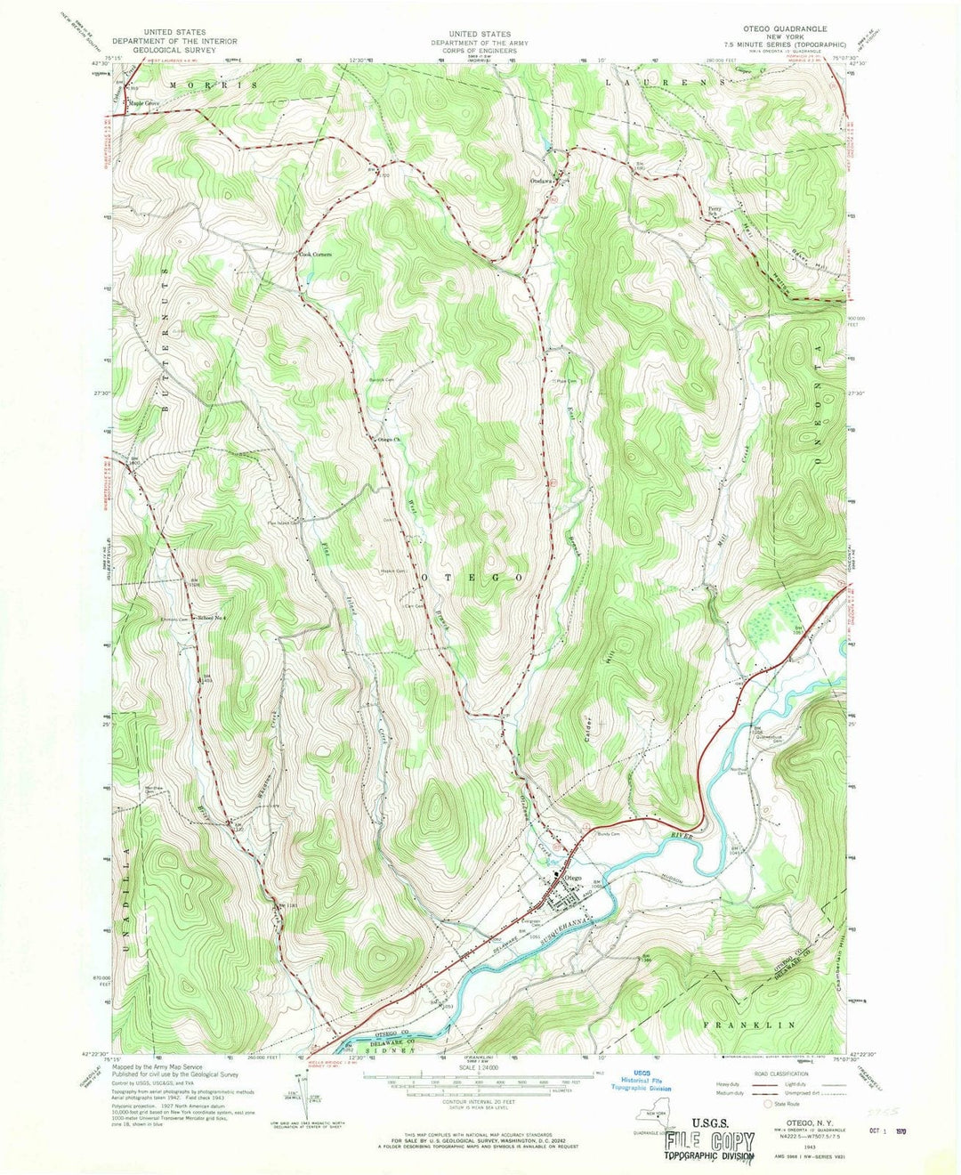 1943 Otego, NY - New York - USGS Topographic Map