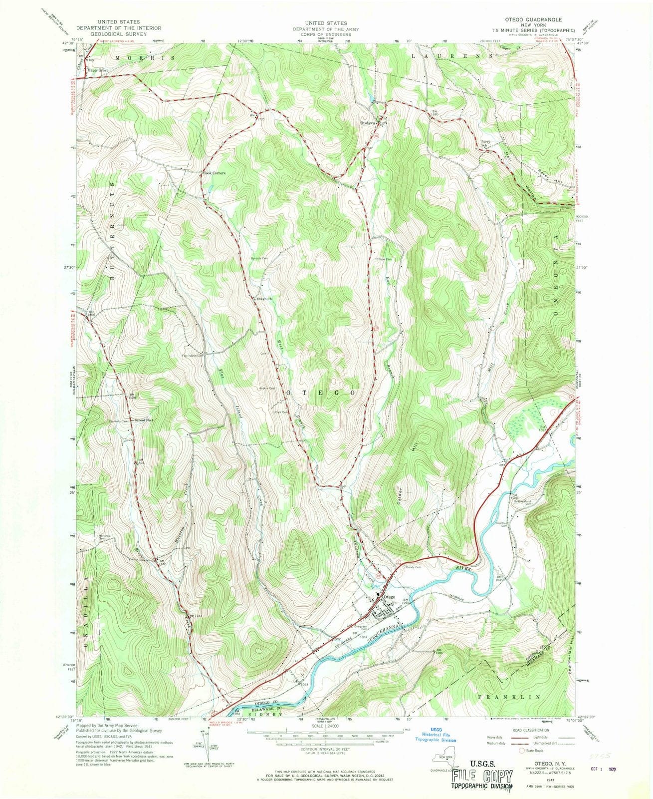 1943 Otego, NY - New York - USGS Topographic Map