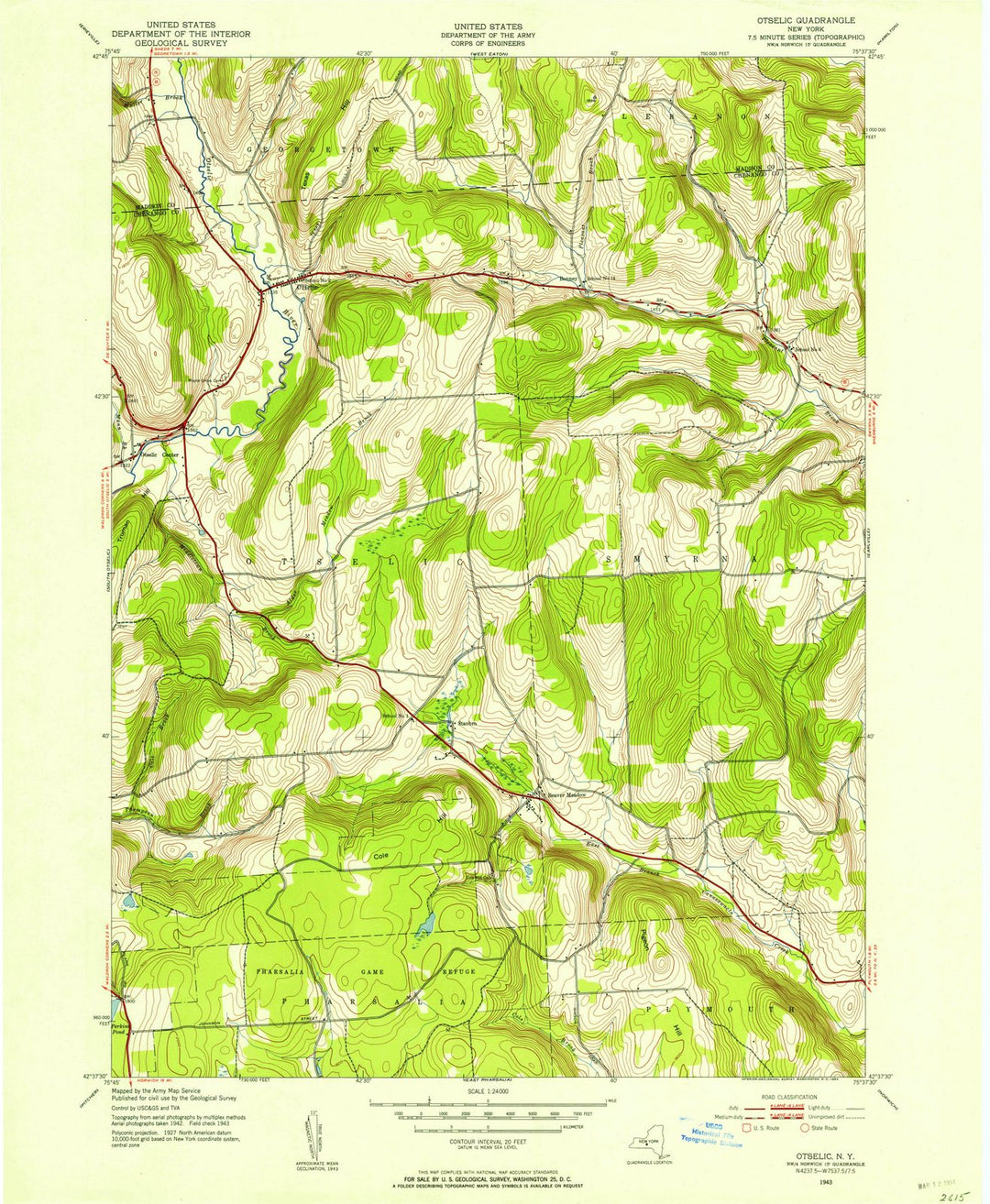 1943 Otselic, NY - New York - USGS Topographic Map