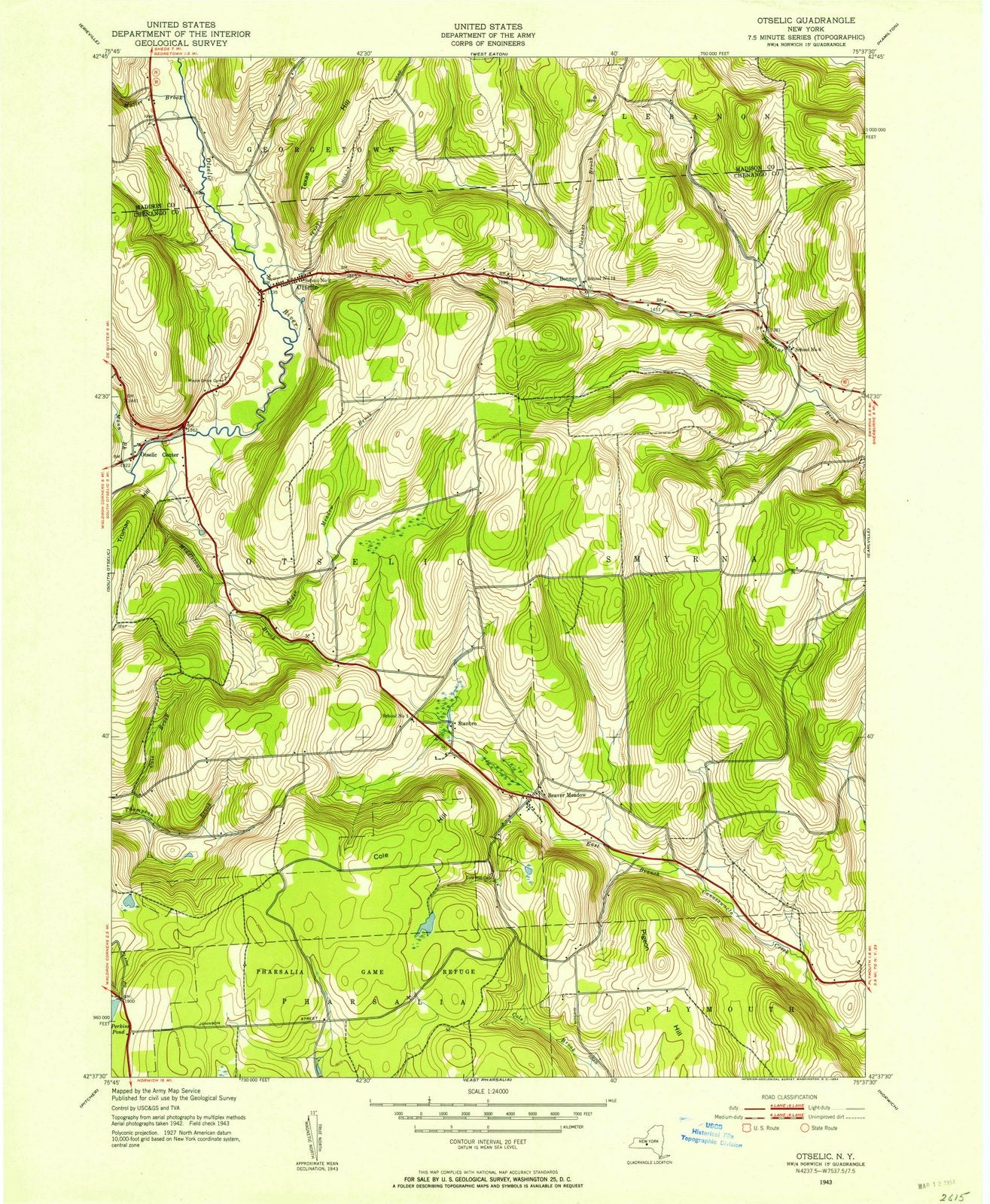 1943 Otselic, NY - New York - USGS Topographic Map
