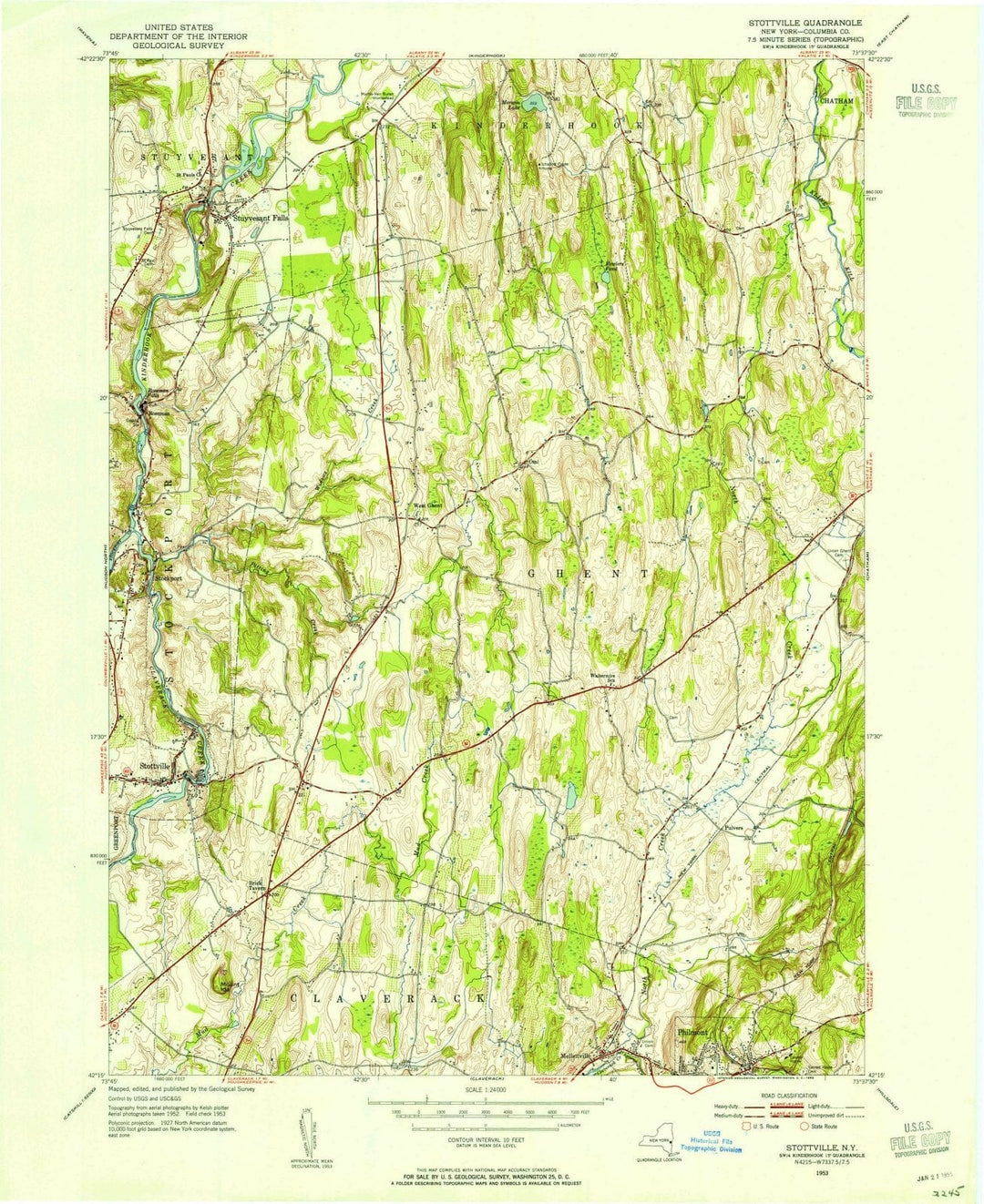 1953 Stottville, NY - New York - USGS Topographic Map