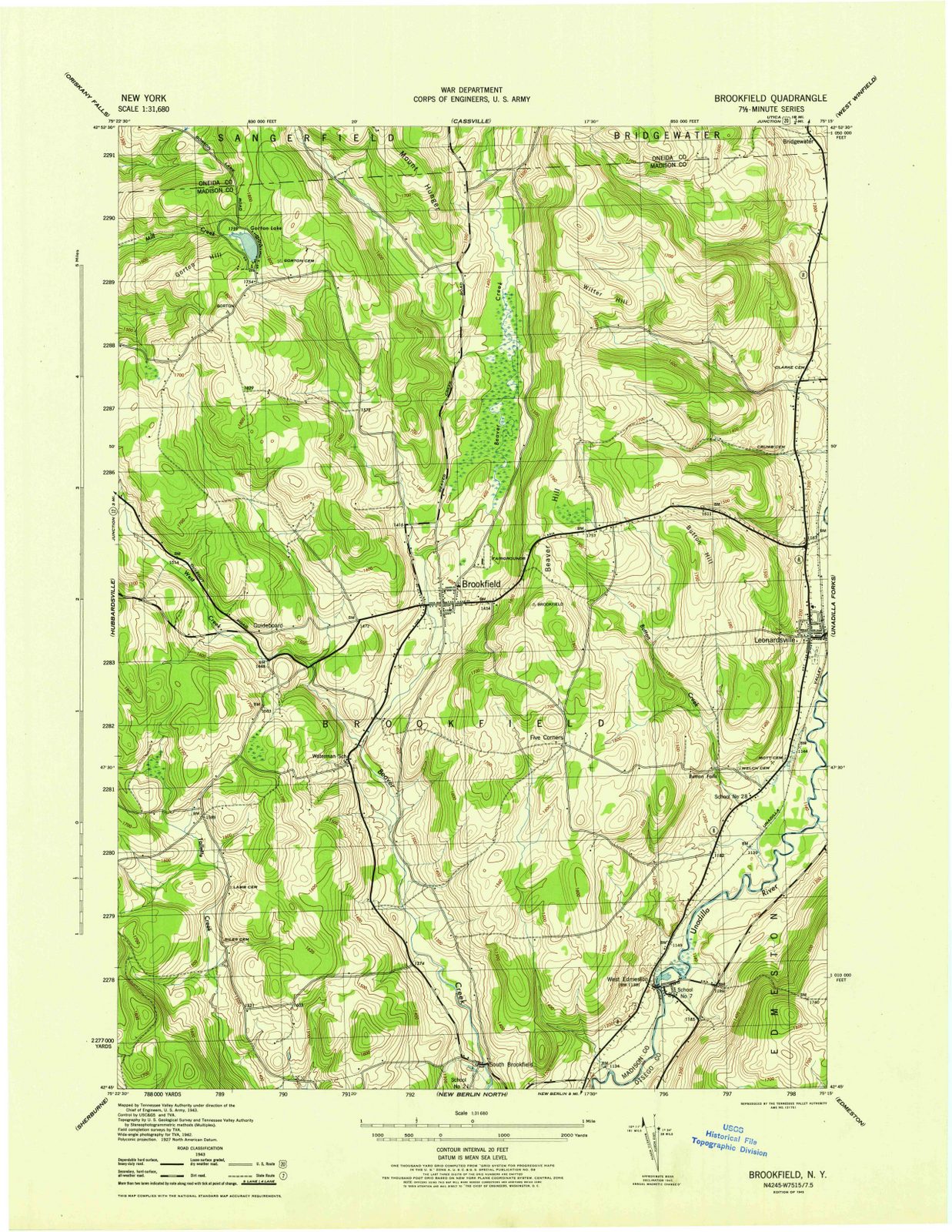 1945 Brookfield, NY - New York - USGS Topographic Map