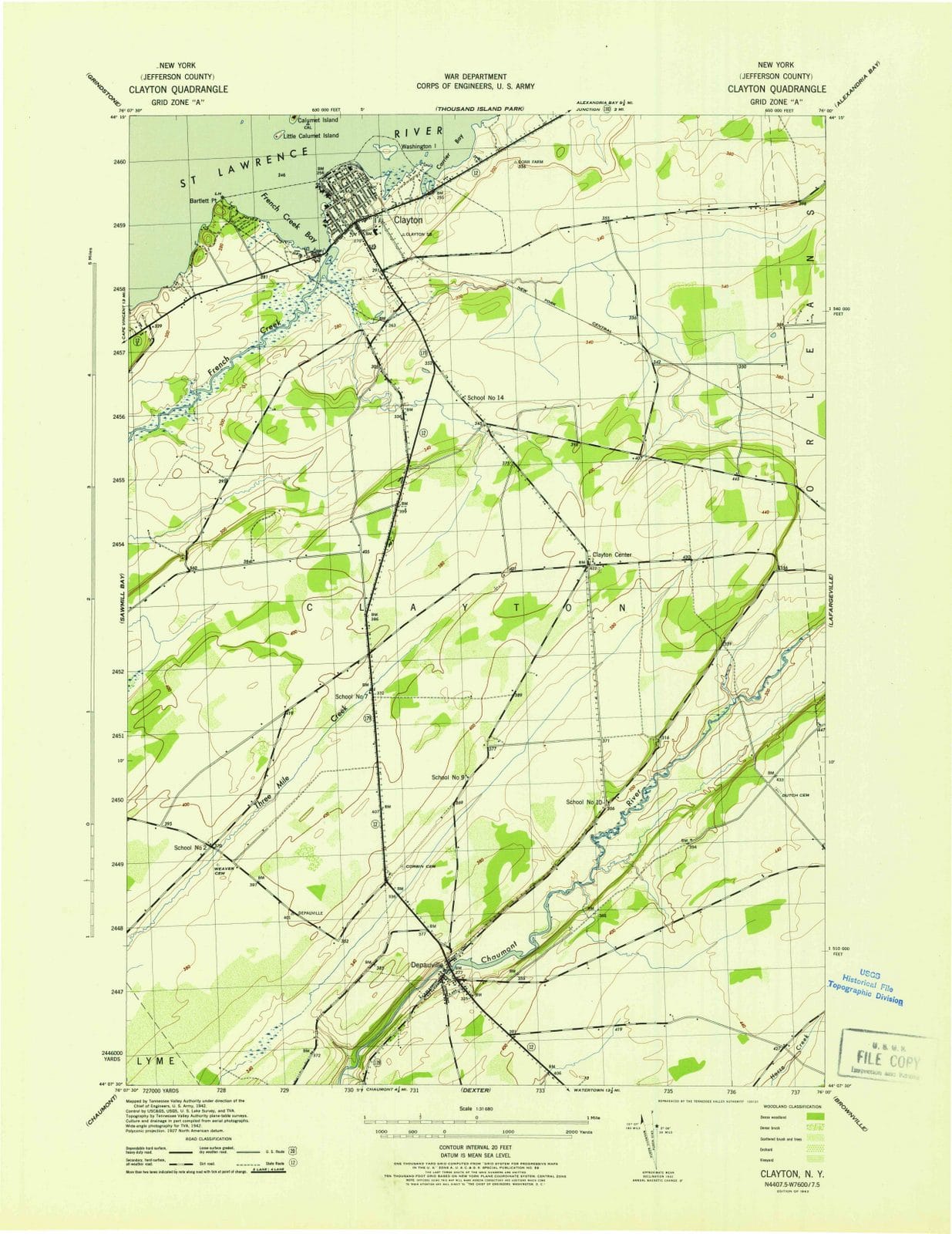 1943 Clayton, NY - New York - USGS Topographic Map