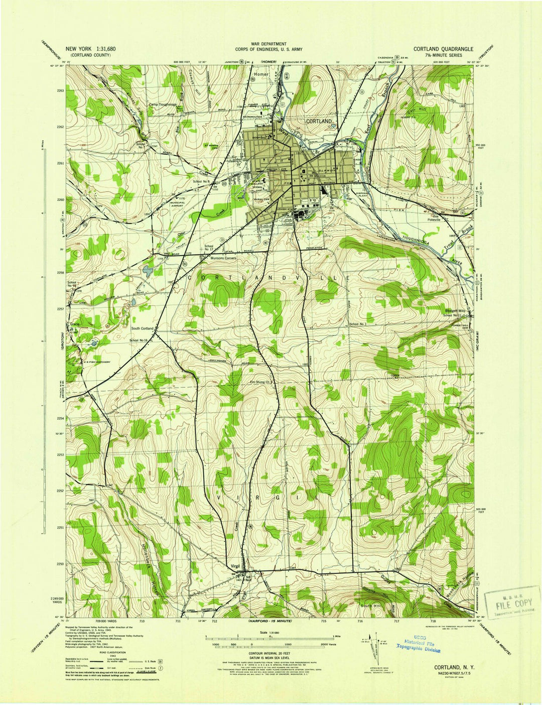 1944 Cortland, NY - New York - USGS Topographic Map