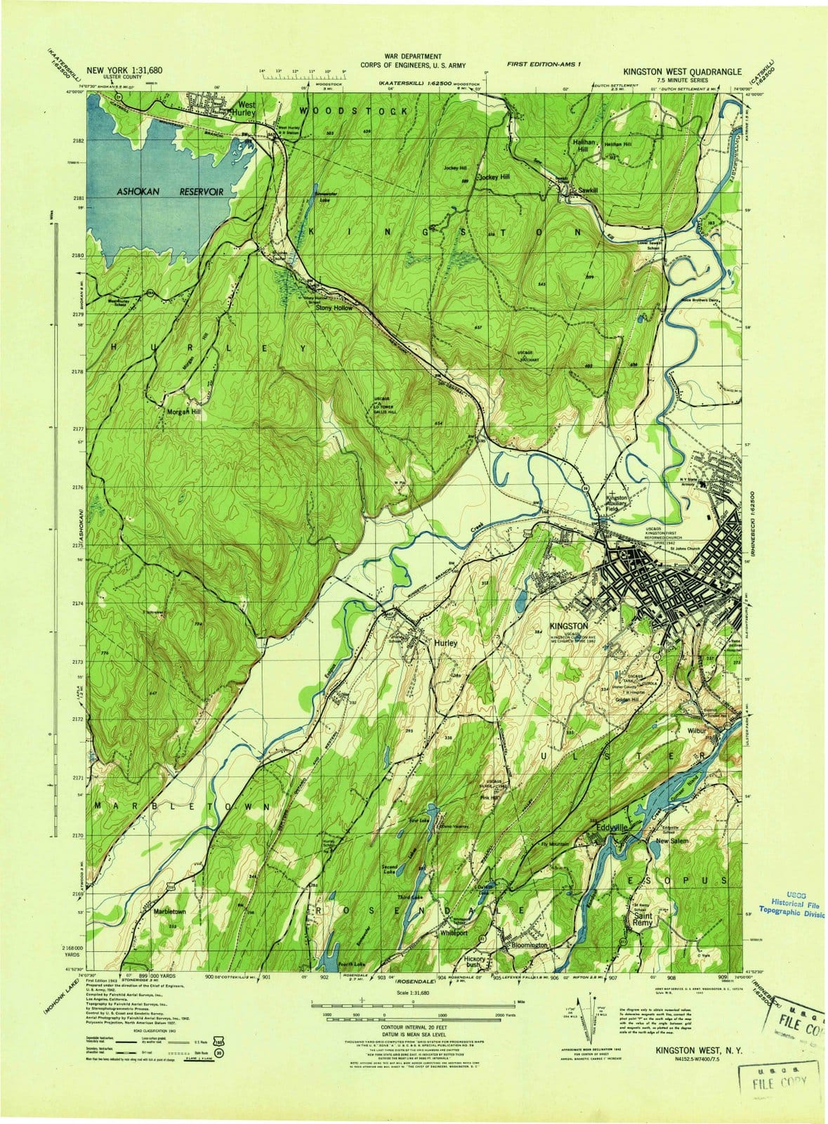 1943 Kingston West, NY - New York - USGS Topographic Map