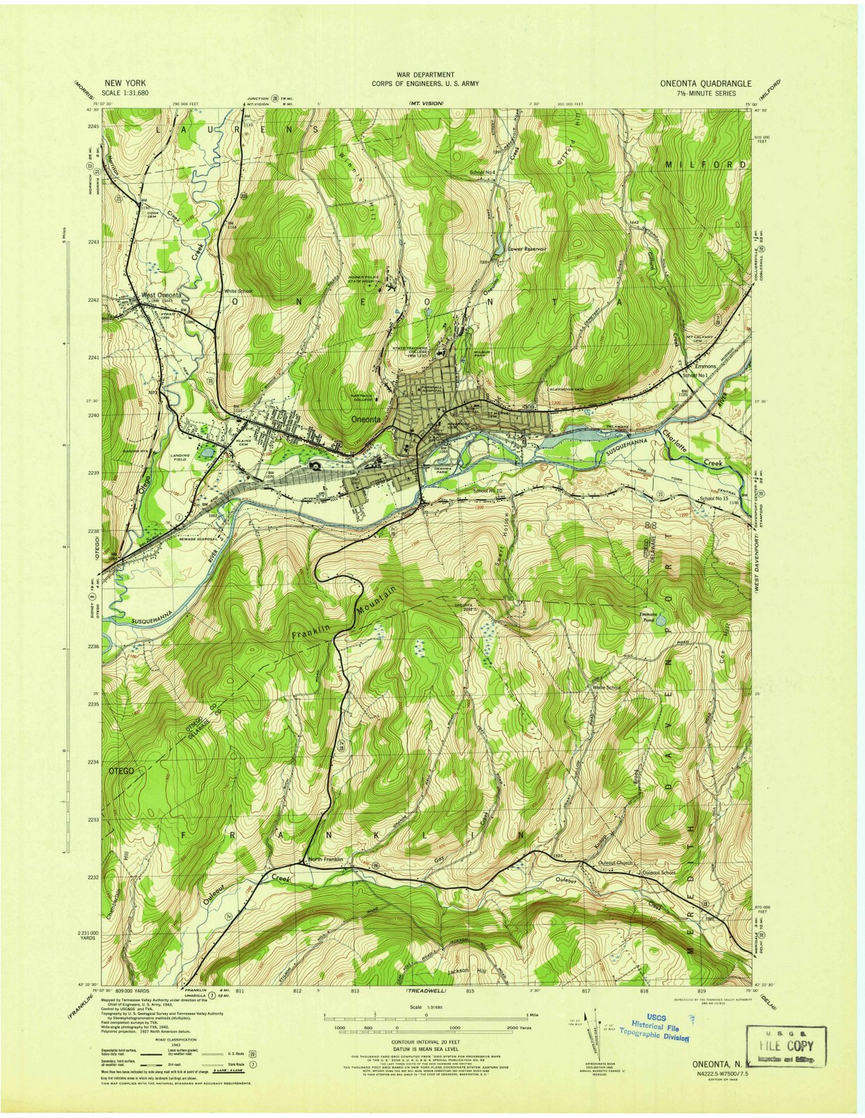 1945 Oneonta, NY - New York - USGS Topographic Map