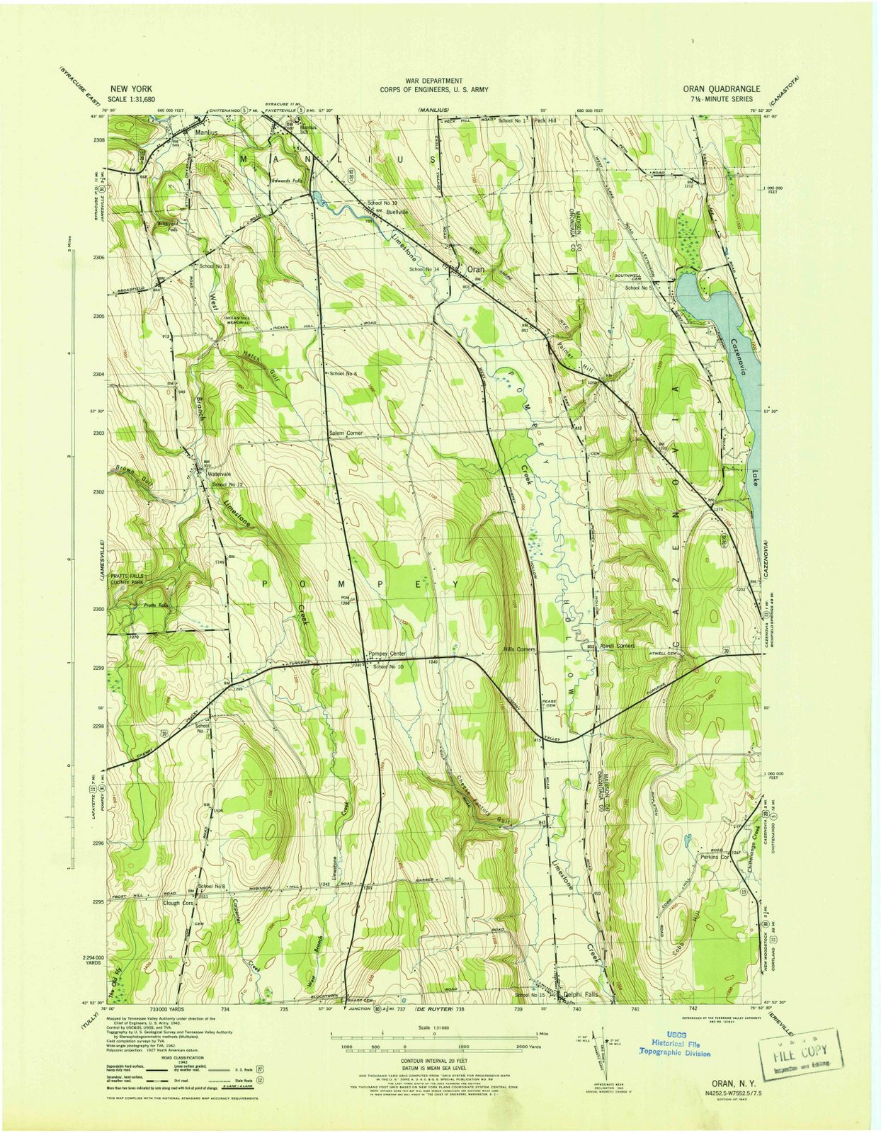 1943 Oran, NY - New York - USGS Topographic Map