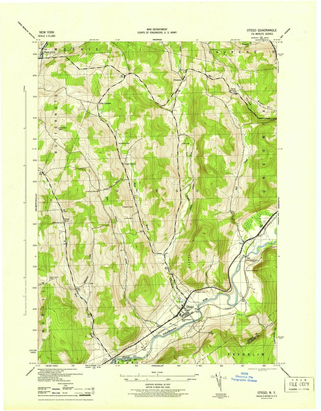 1945 Otego, NY - New York - USGS Topographic Map