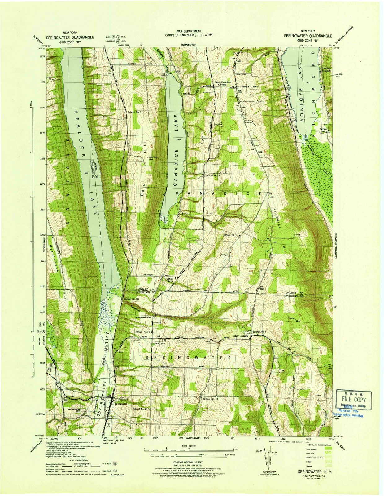 1942 Springwater, NY - New York - USGS Topographic Map