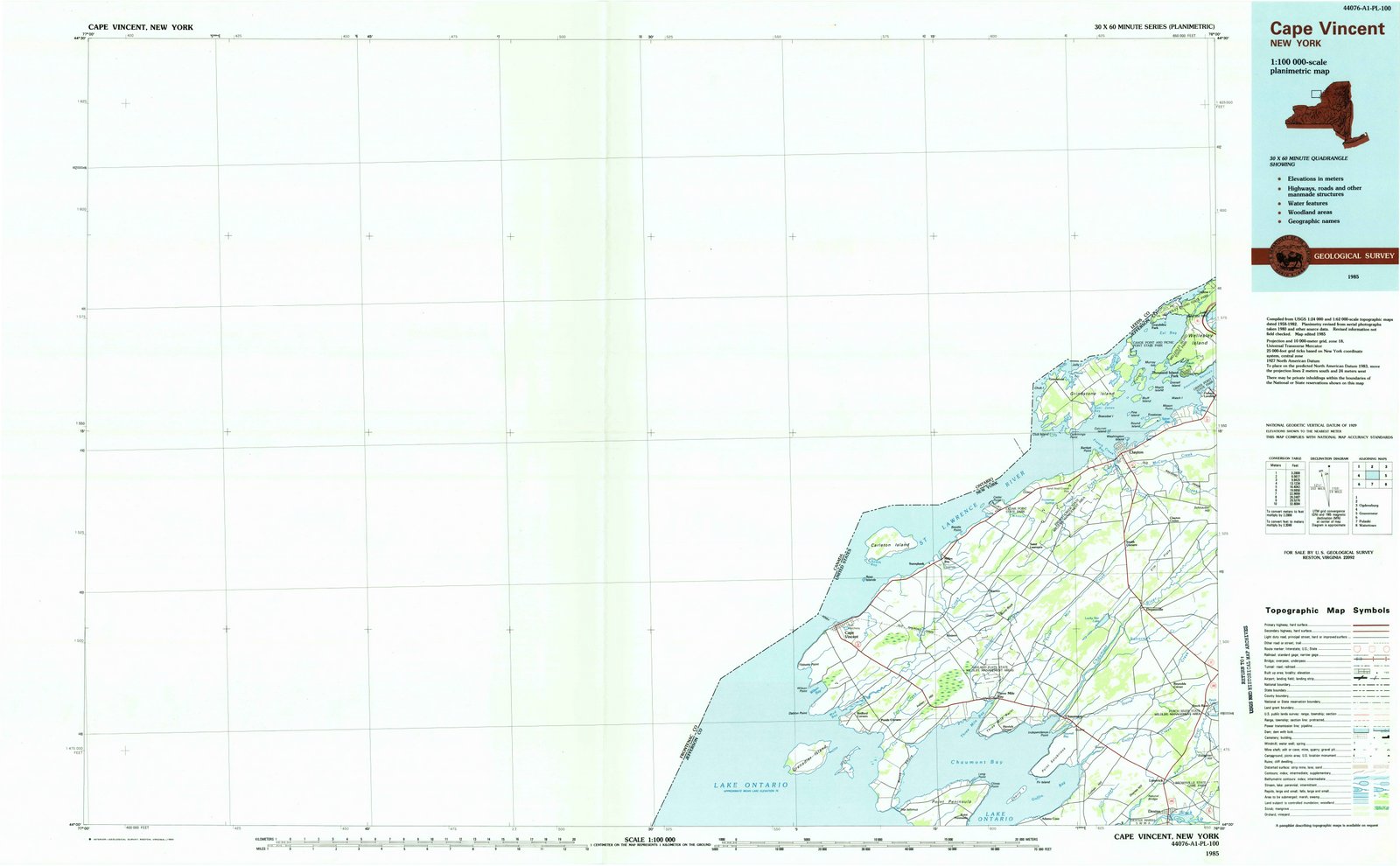 1985 Cape Vincent, NY - New York - USGS Topographic Map