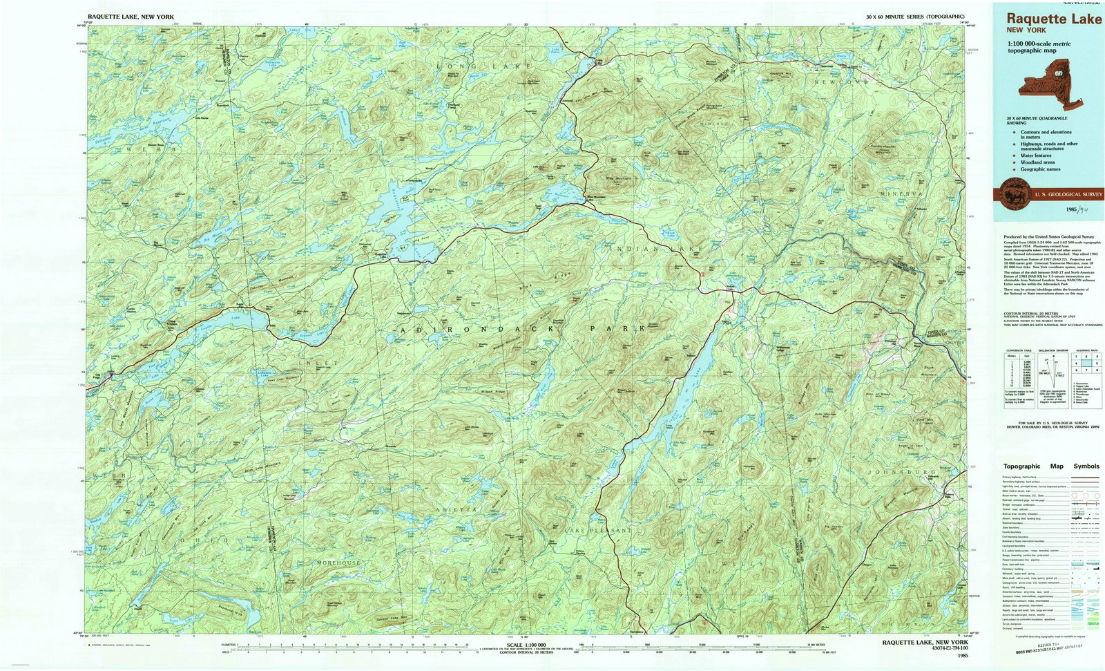 1985 Raquette Lake, NY - New York - USGS Topographic Map