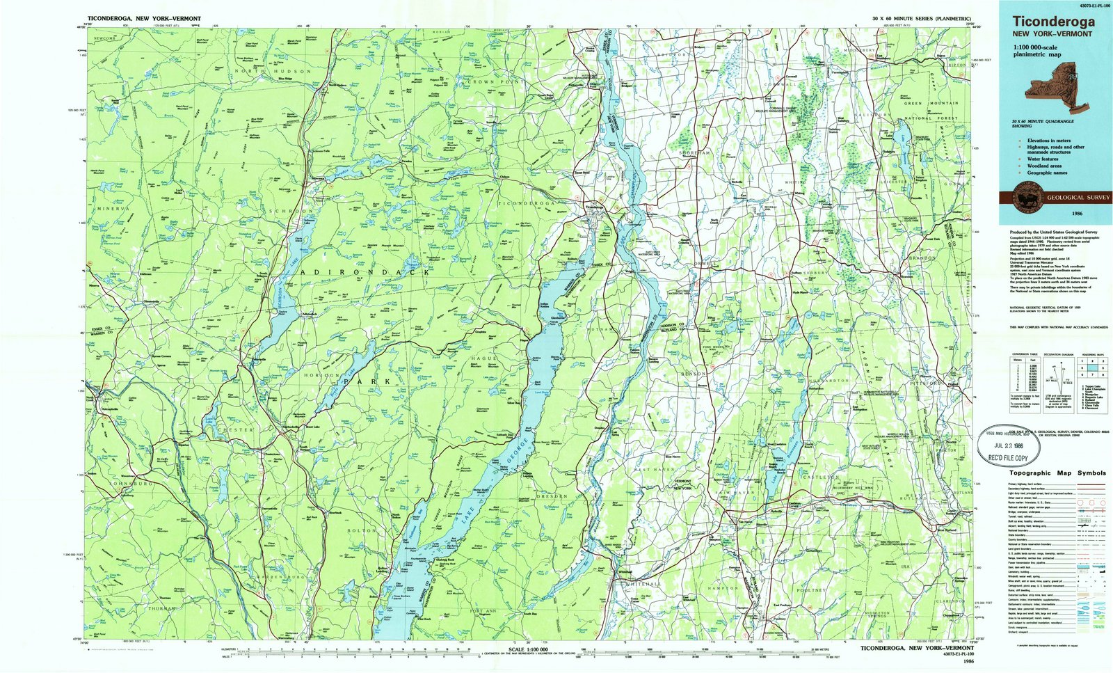 1986 Ticonderoga, NY - New York - USGS Topographic Map