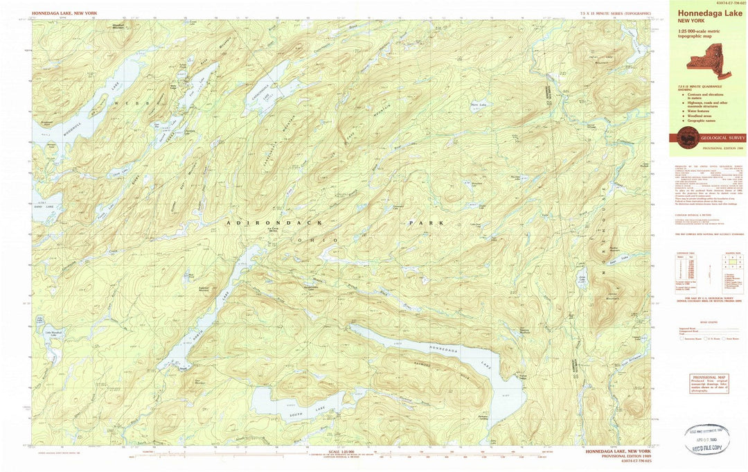 1989 Honnedaga Lake, NY - New York - USGS Topographic Map
