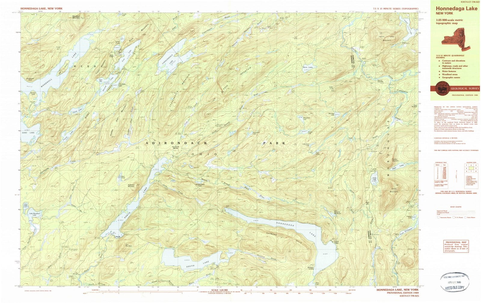 1989 Honnedaga Lake, NY - New York - USGS Topographic Map