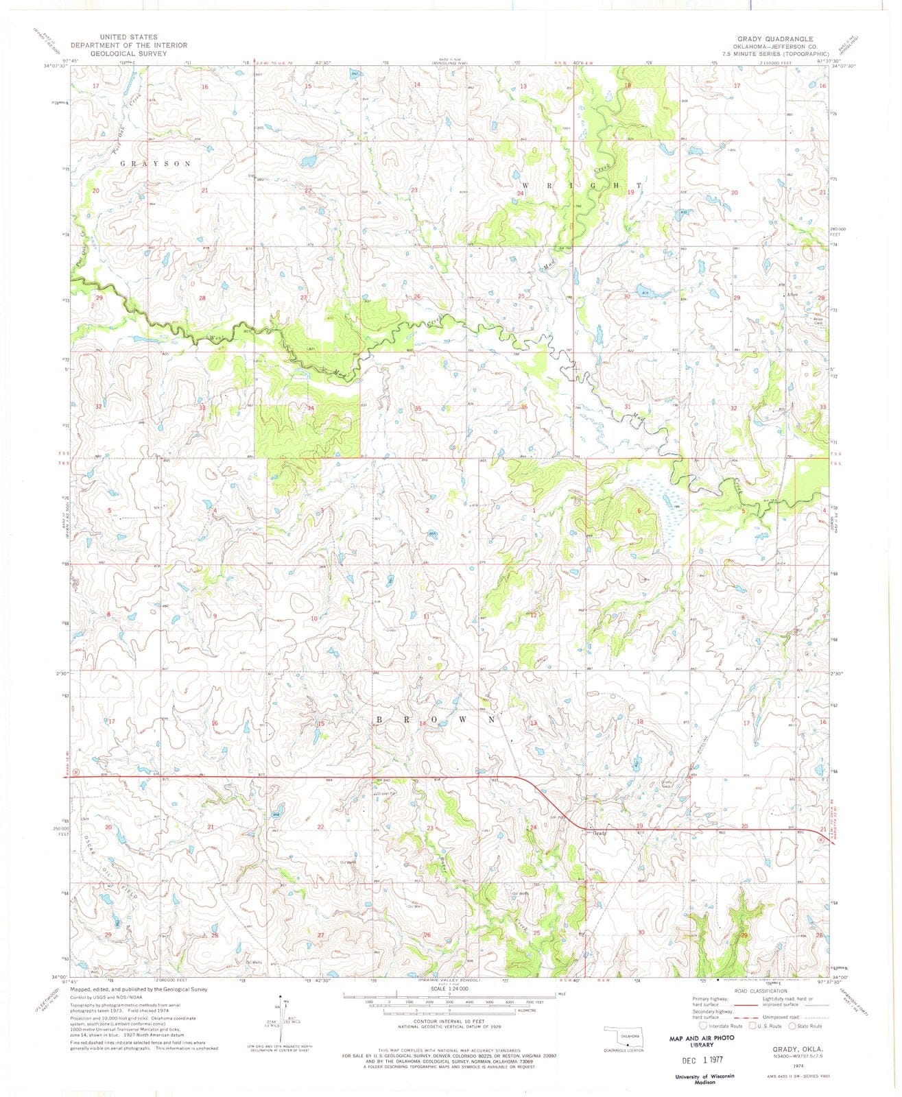 1974 Grady, OK - Oklahoma - USGS Topographic Map