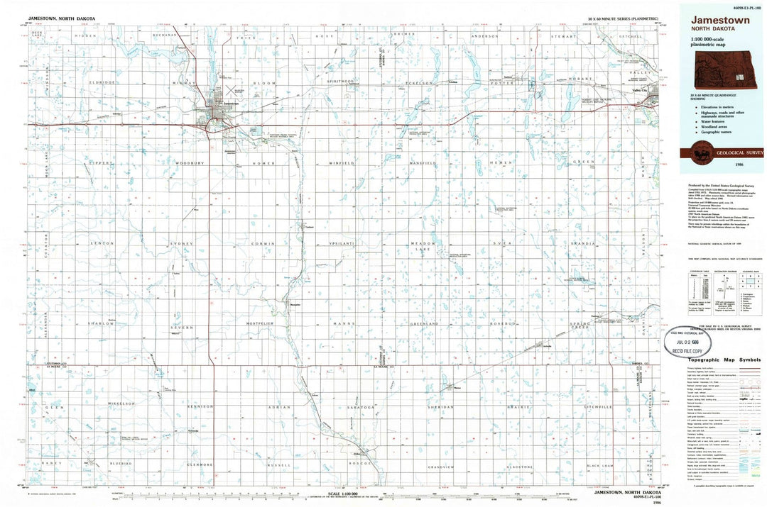 1986 Jamestown, ND - North Dakota - USGS Topographic Map