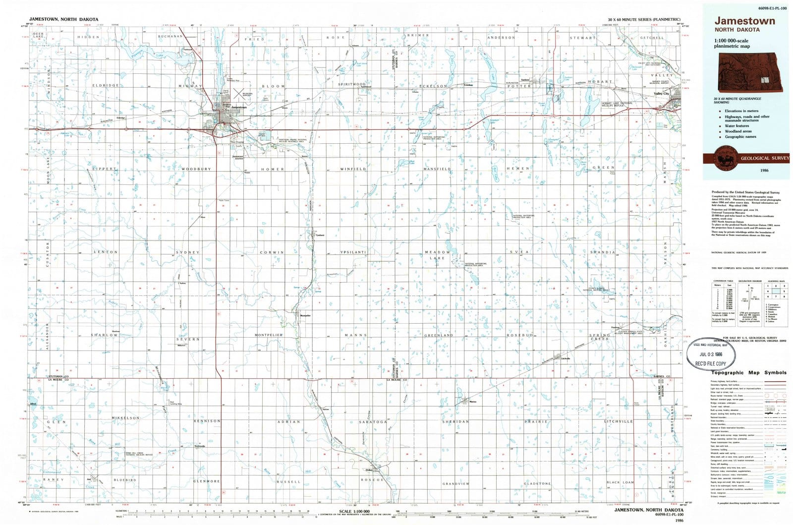 1986 Jamestown, ND - North Dakota - USGS Topographic Map