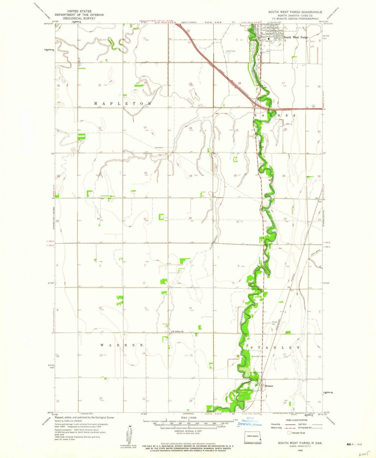 1959 South West Fargo, ND - North Dakota - USGS Topographic Map
