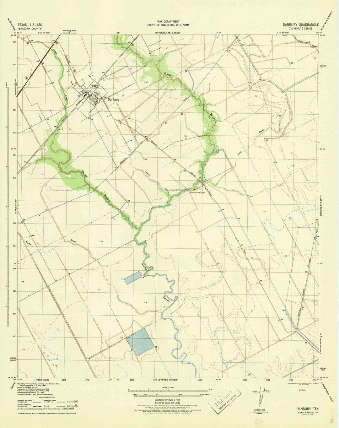 1943 Danbury, TX - Texas - USGS Topographic Map