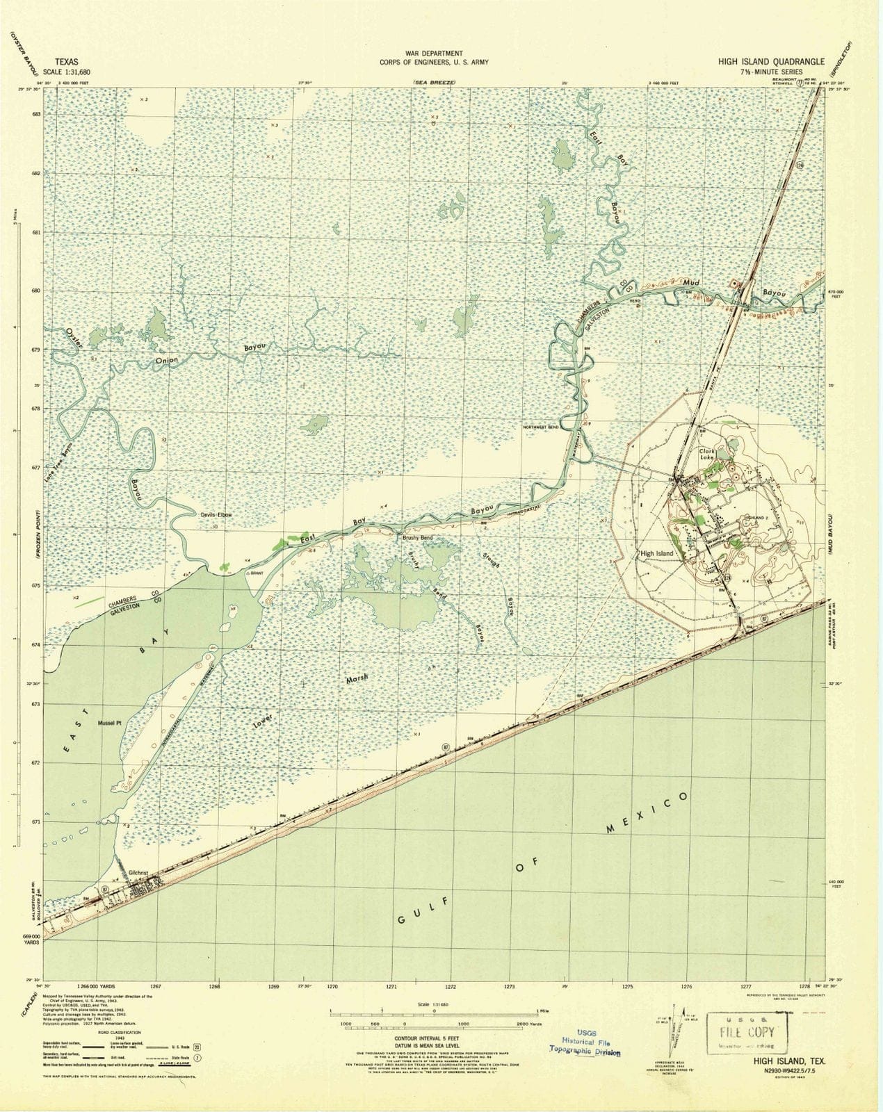1943 High Island, TX - Texas - USGS Topographic Map