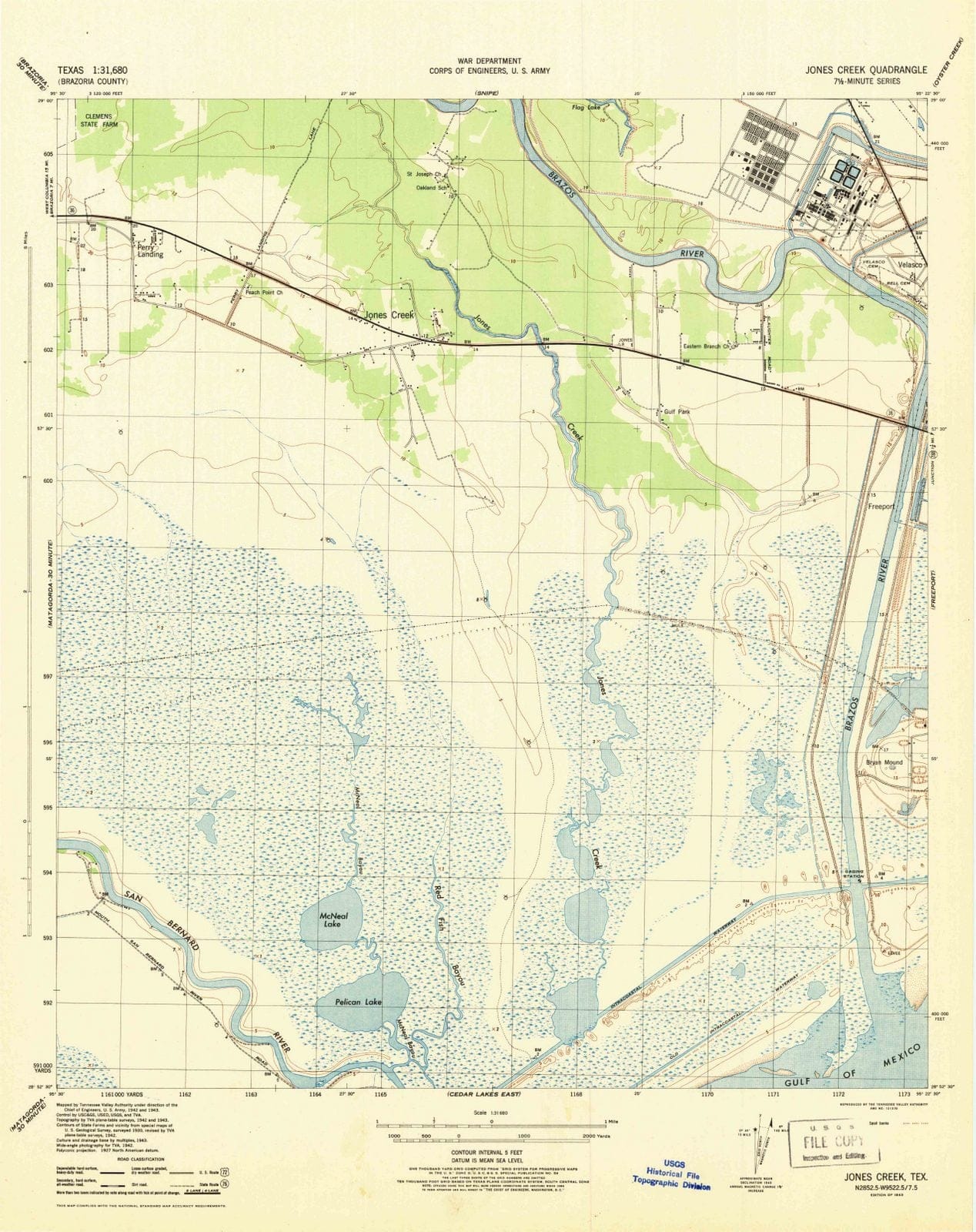 1943 Jones Creek, TX - Texas - USGS Topographic Map