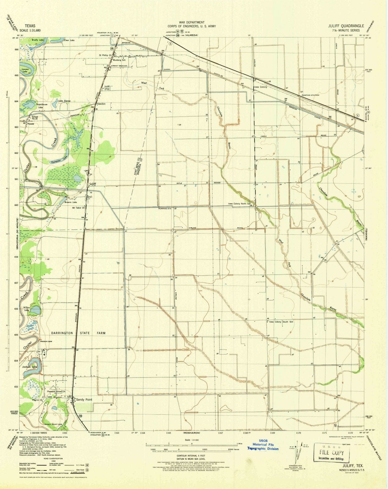 1943 Juliff, TX - Texas - USGS Topographic Map