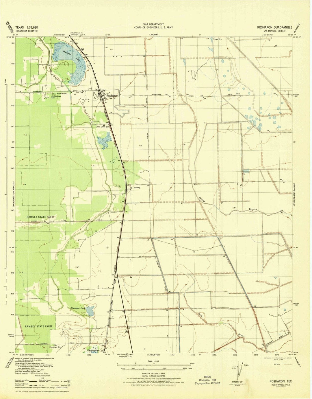1943 Rosharon, TX - Texas - USGS Topographic Map
