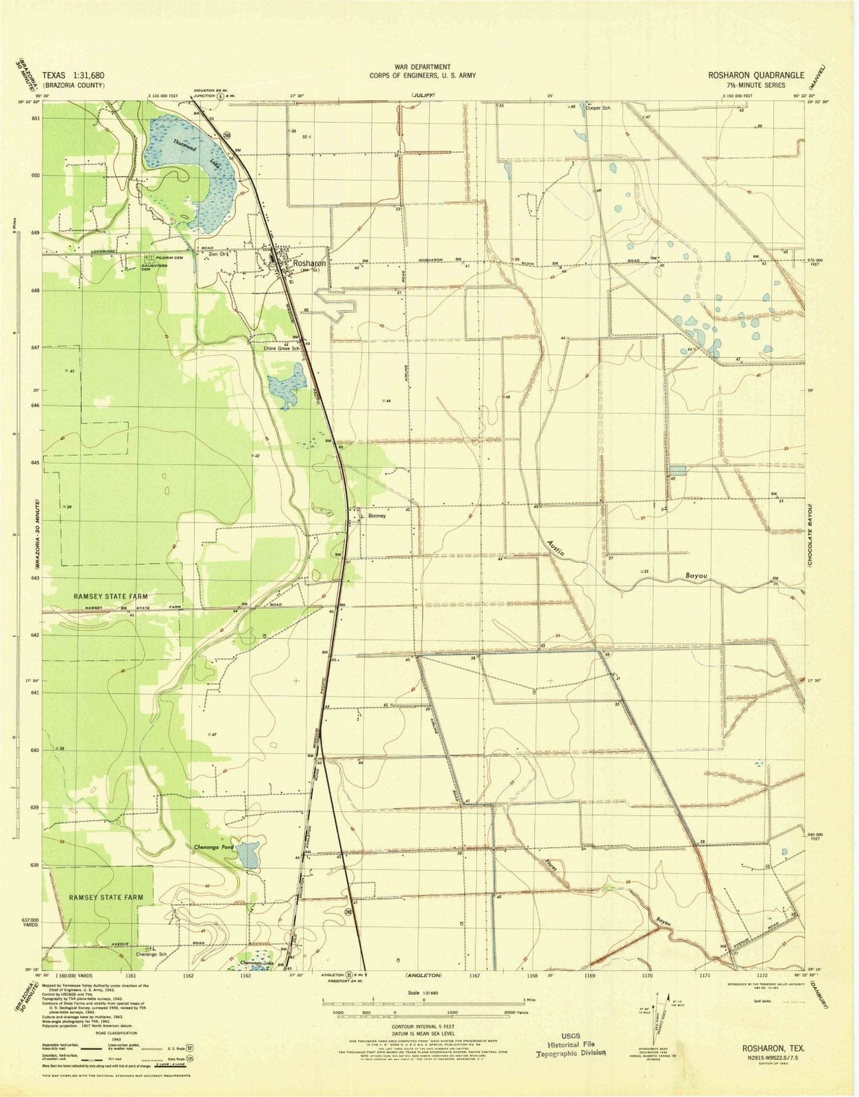 1943 Rosharon, TX - Texas - USGS Topographic Map