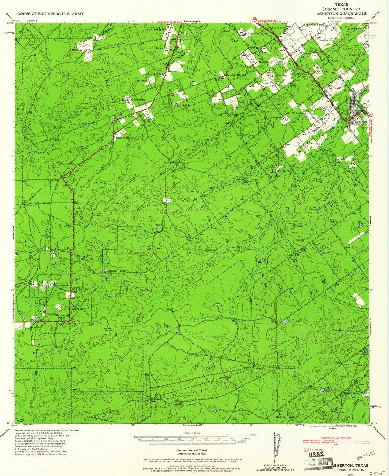 1940 Asherton, TX - Texas - USGS Topographic Map