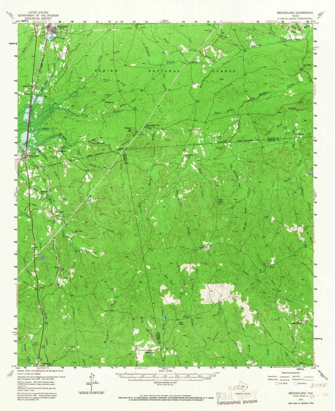 1957 Brookeland, TX - Texas - USGS Topographic Map