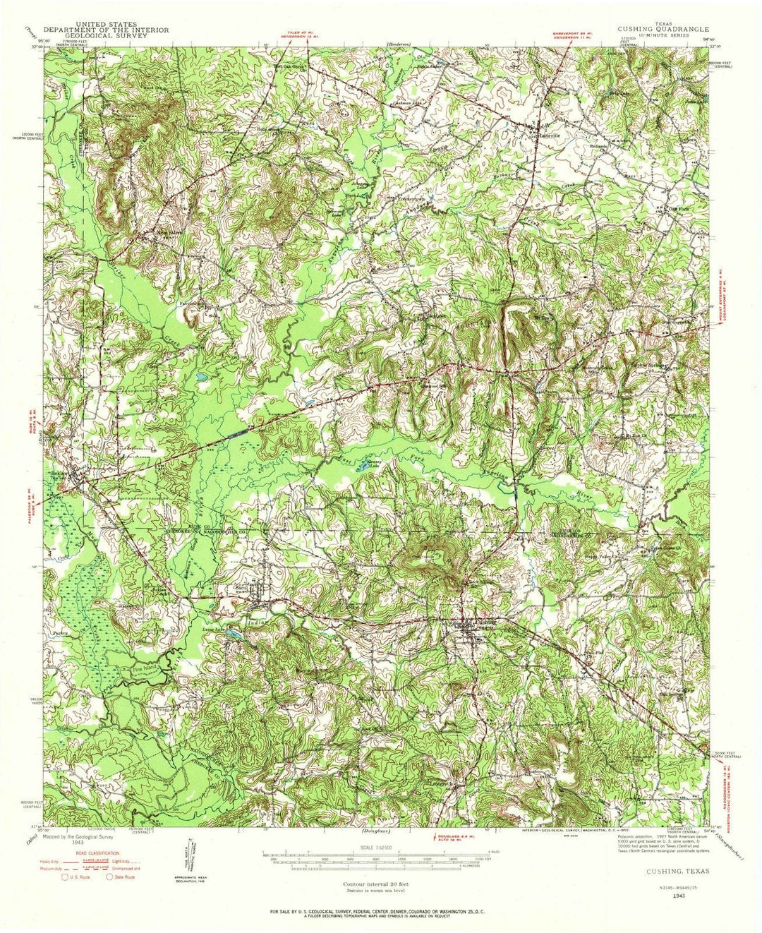 1943 Cushing, TX - Texas - USGS Topographic Map