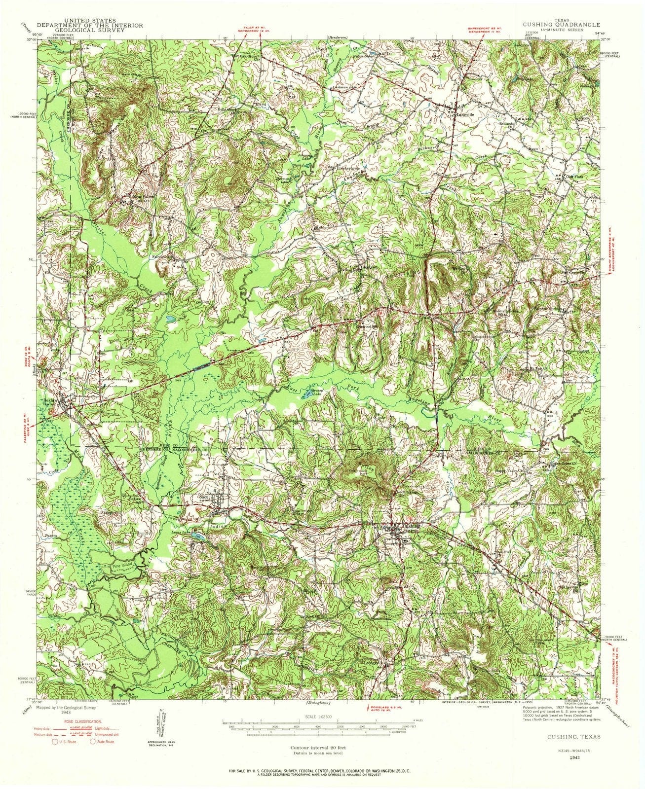 1943 Cushing, TX - Texas - USGS Topographic Map