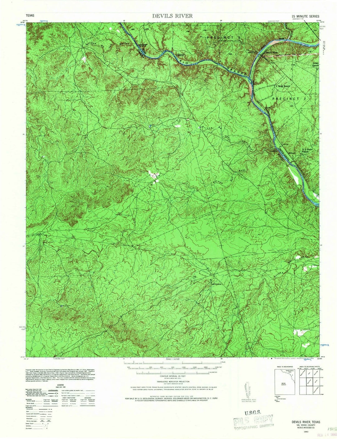 1943 Devils River, TX - Texas - USGS Topographic Map