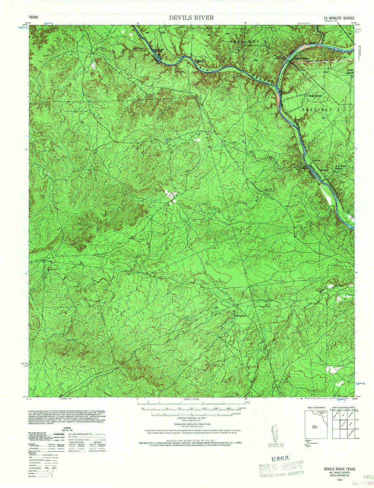 1943 Devils River, TX - Texas - USGS Topographic Map