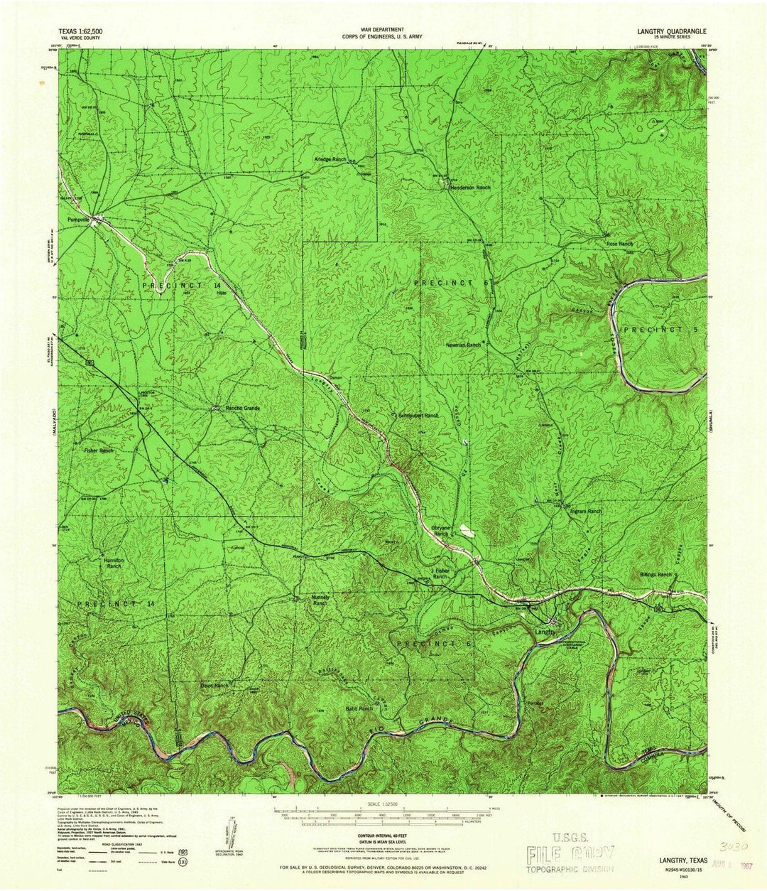 1943 Langtry, TX - Texas - USGS Topographic Map