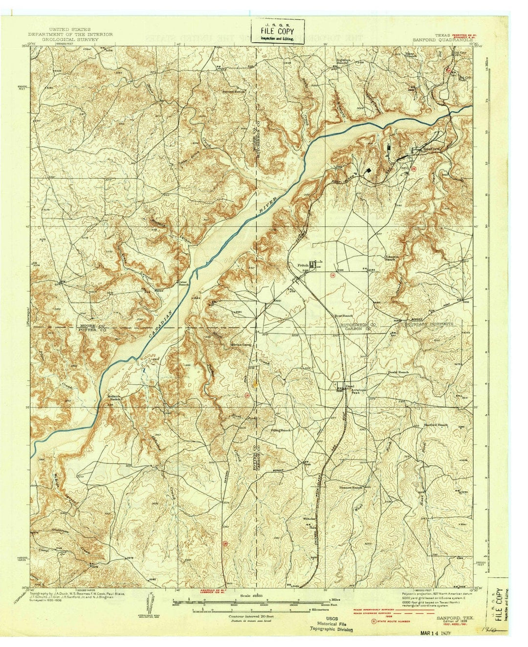 1939 Sanford, TX - Texas - USGS Topographic Map