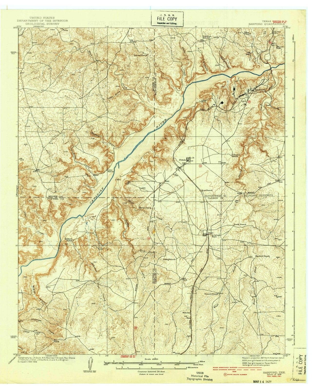 1939 Sanford, TX - Texas - USGS Topographic Map