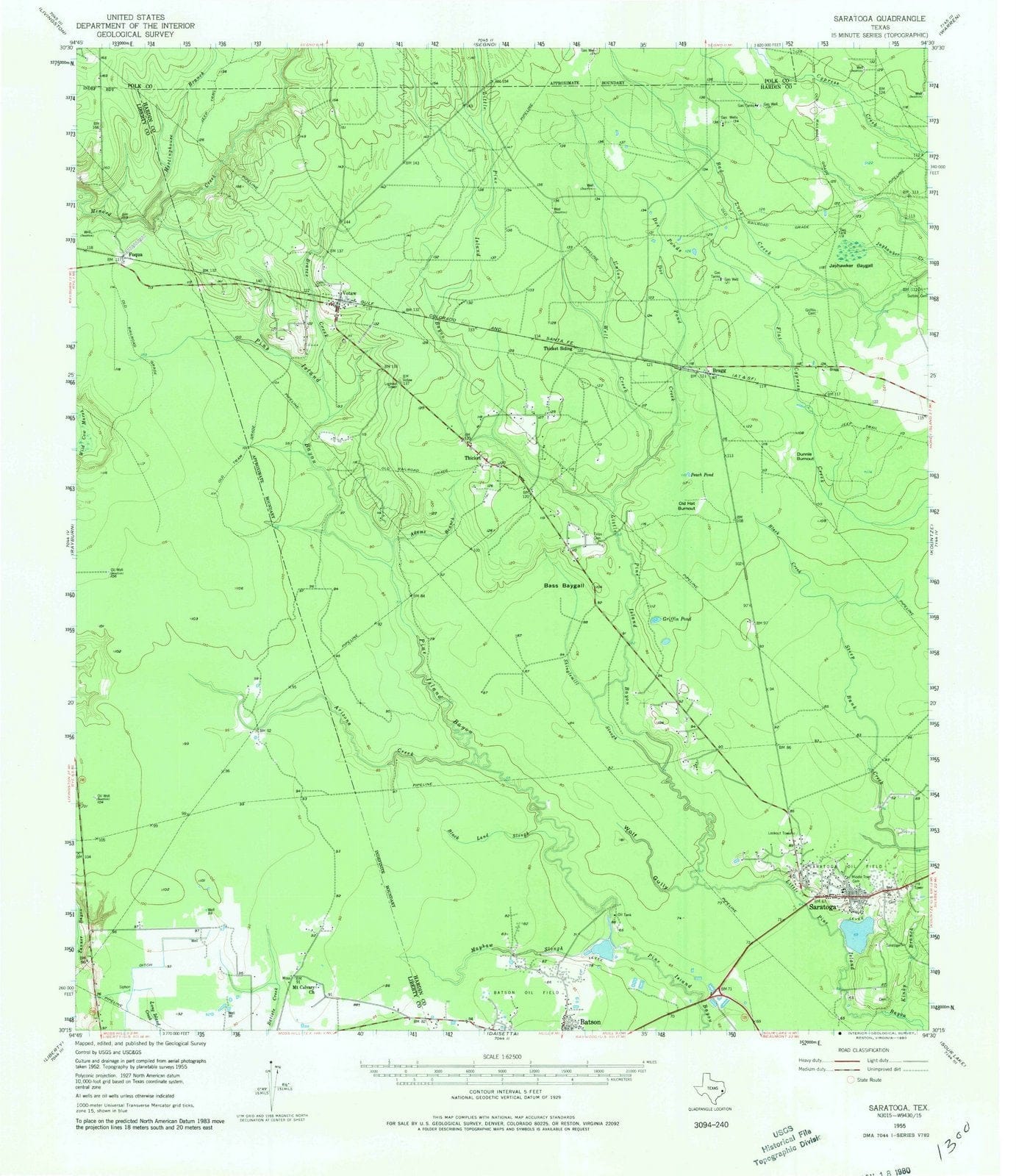 1955 Saratoga, TX - Texas - USGS Topographic Map