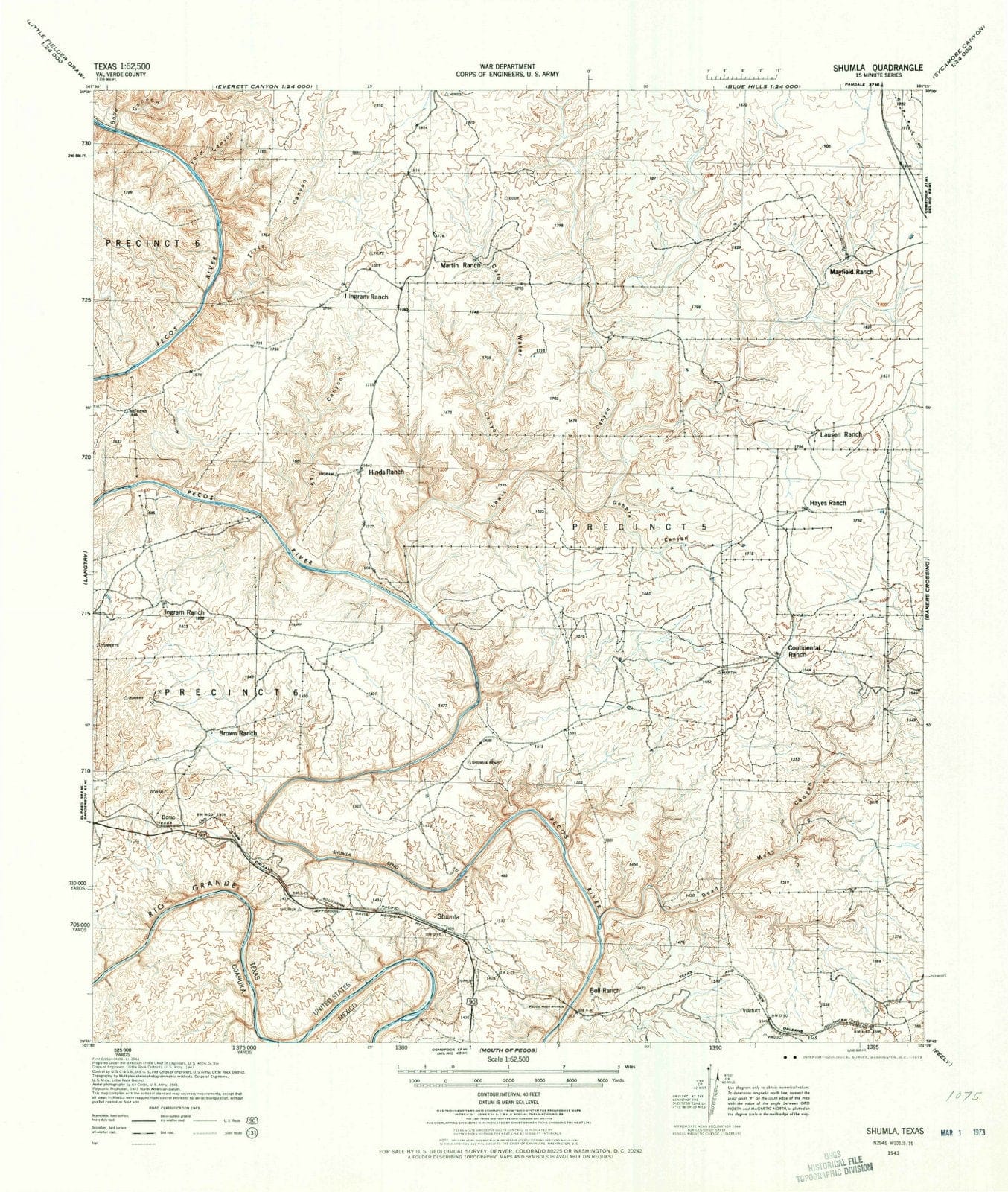 1943 Shumla, TX - Texas - USGS Topographic Map