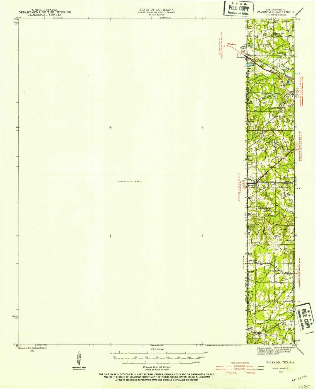 1943 Waskom, TX - Texas - USGS Topographic Map