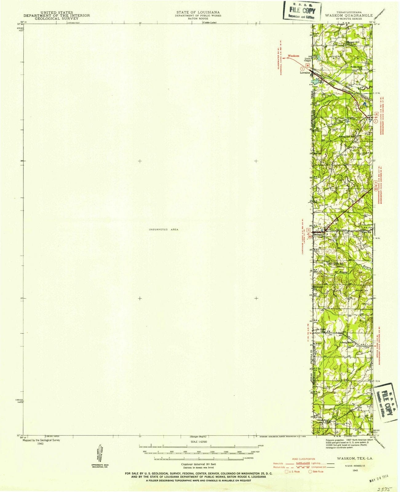 1943 Waskom, TX - Texas - USGS Topographic Map
