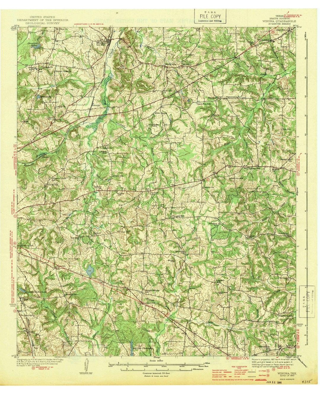 1943 Winona, TX - Texas - USGS Topographic Map