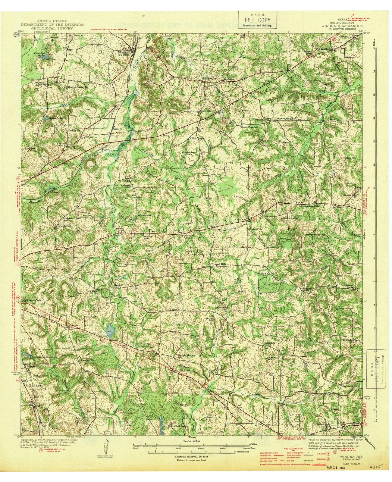 1943 Winona, TX - Texas - USGS Topographic Map