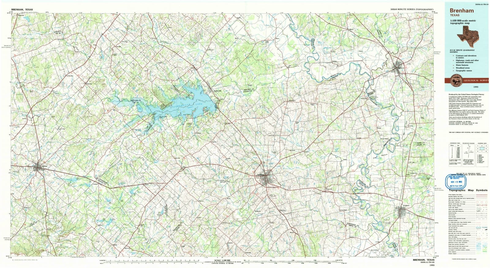 1993 Brenham, TX - Texas - USGS Topographic Map