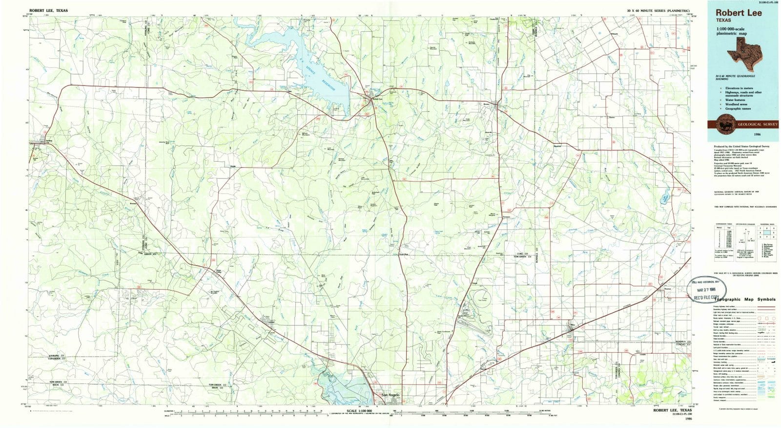 1986 Robert Lee, TX - Texas - USGS Topographic Map