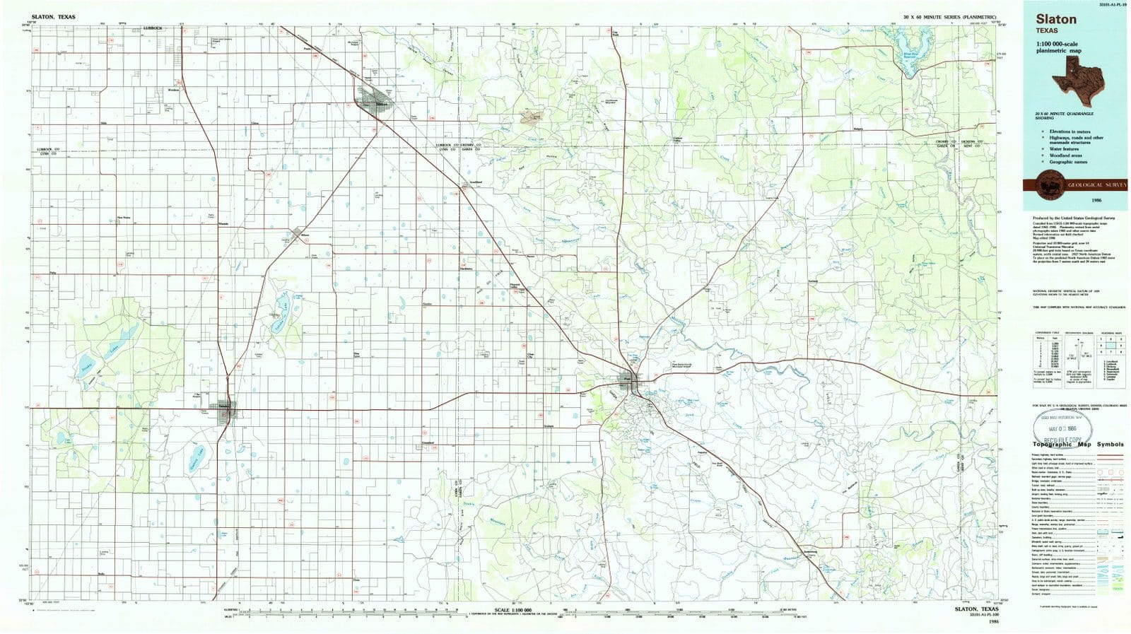 1986 Slaton, TX - Texas - USGS Topographic Map