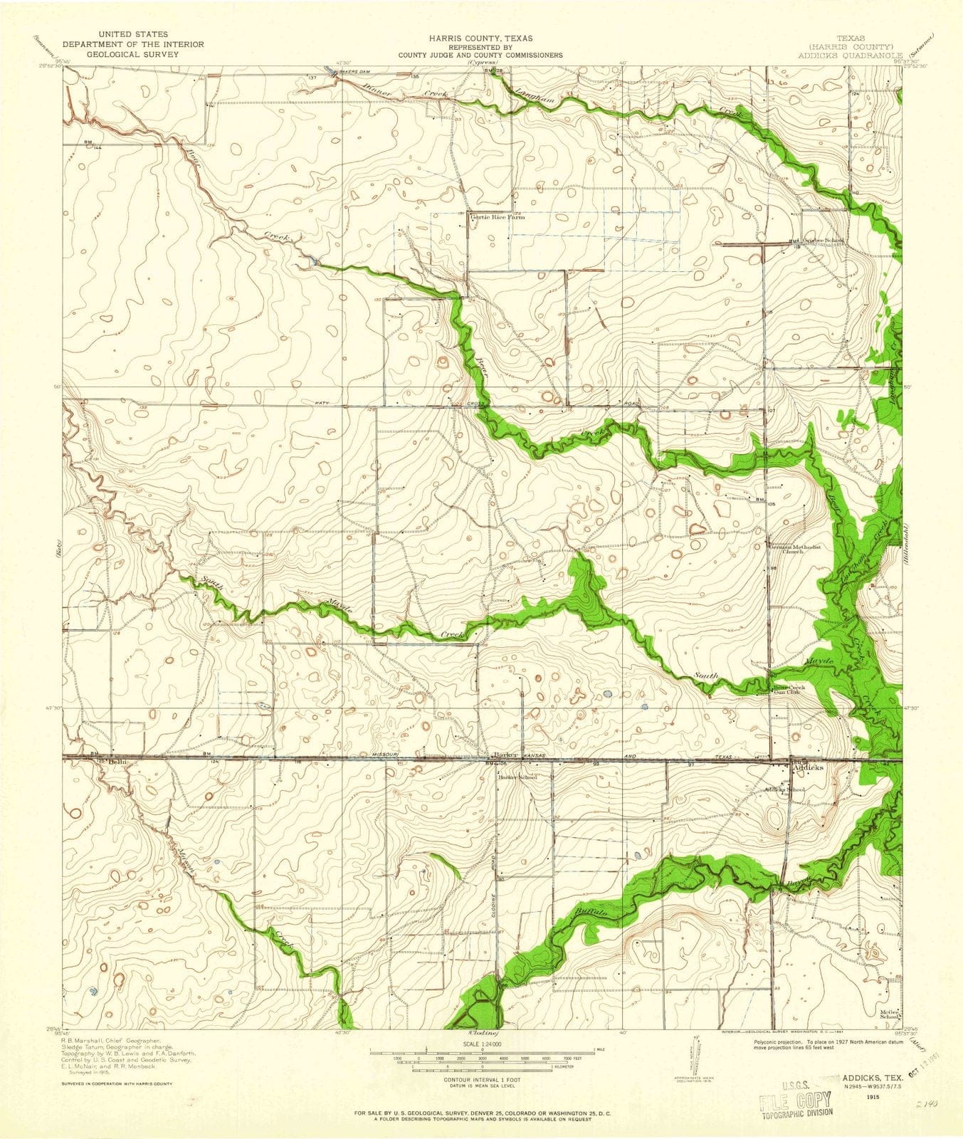 1915 Addicks, TX - Texas - USGS Topographic Map