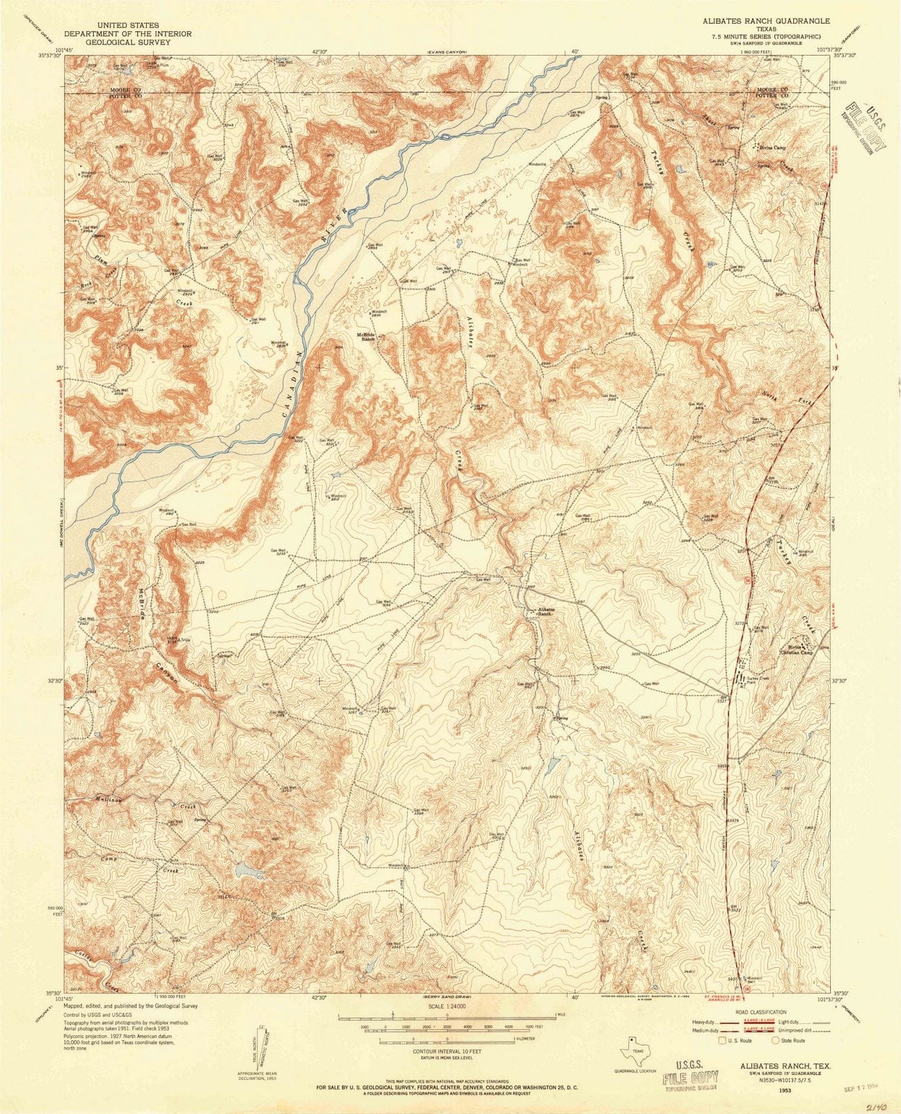 1953 Alibates Ranch, TX - Texas - USGS Topographic Map