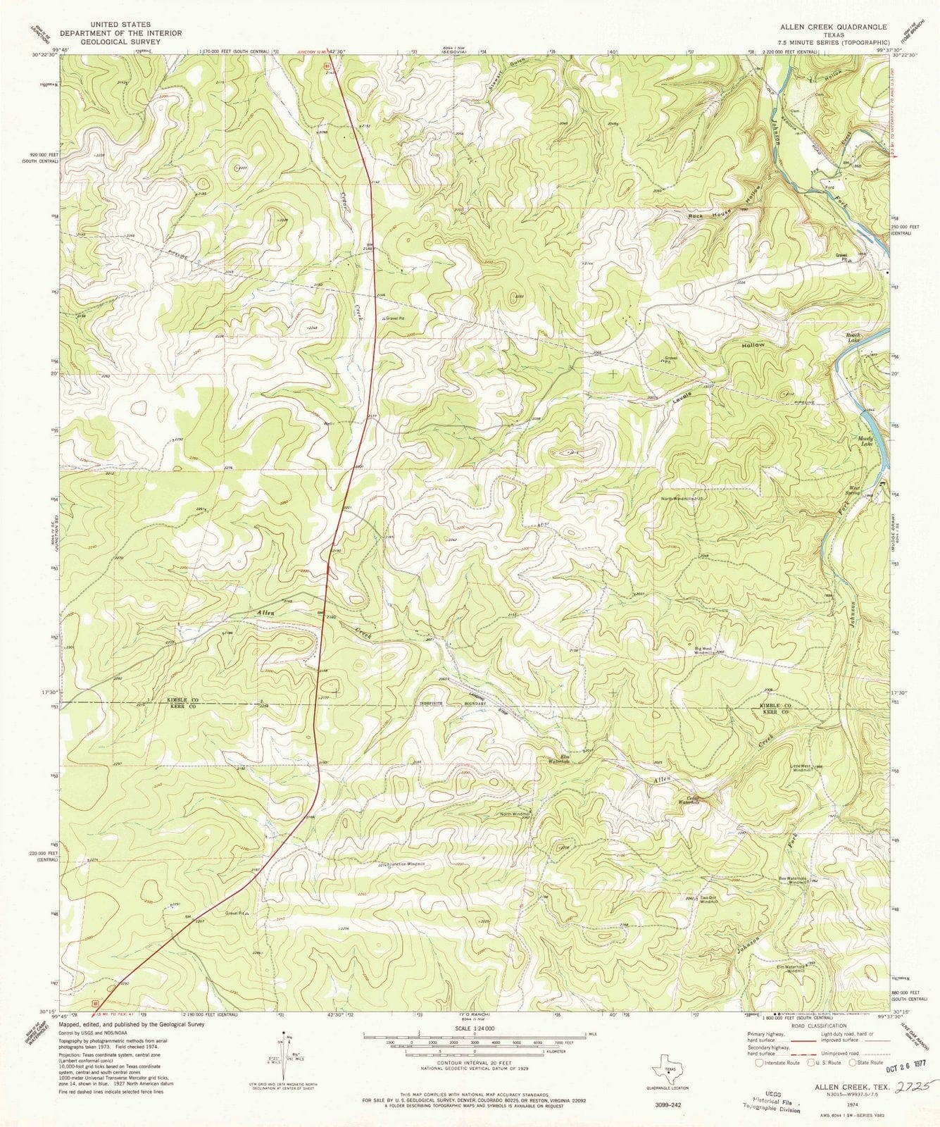 1974 Allen Creek, TX - Texas - USGS Topographic Map